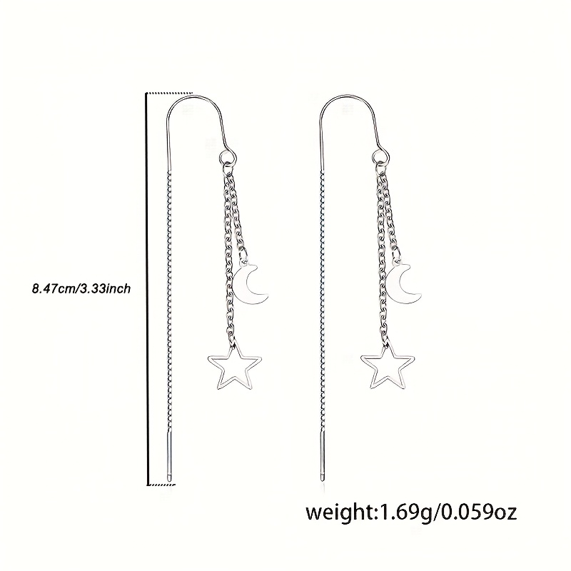 Fashionable S925 Silvery Tassel Long Earrings with Star and Moon Design